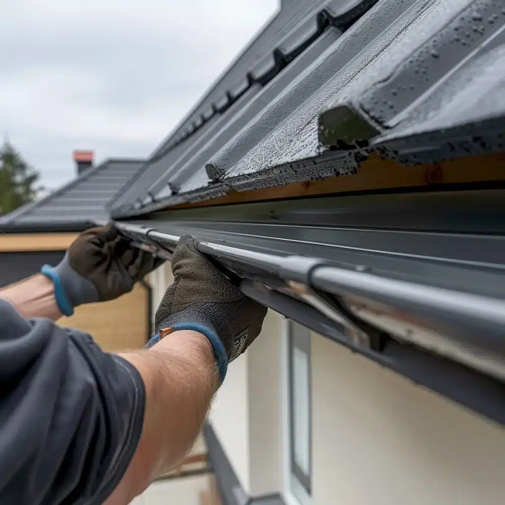 Installation professionnelle de gouttières en zinc par un expert en zinguerie, assurant une évacuation optimale des eaux pluviales sur une toiture moderne.